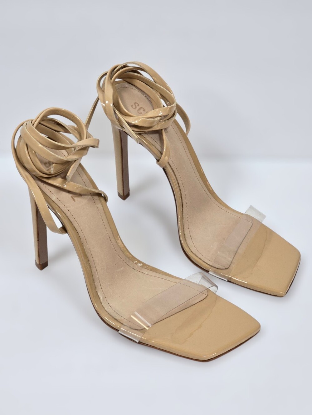 Schutz Jada Nude Square Toe Ankle Wrap Stiletto Heel Sandals Size 10